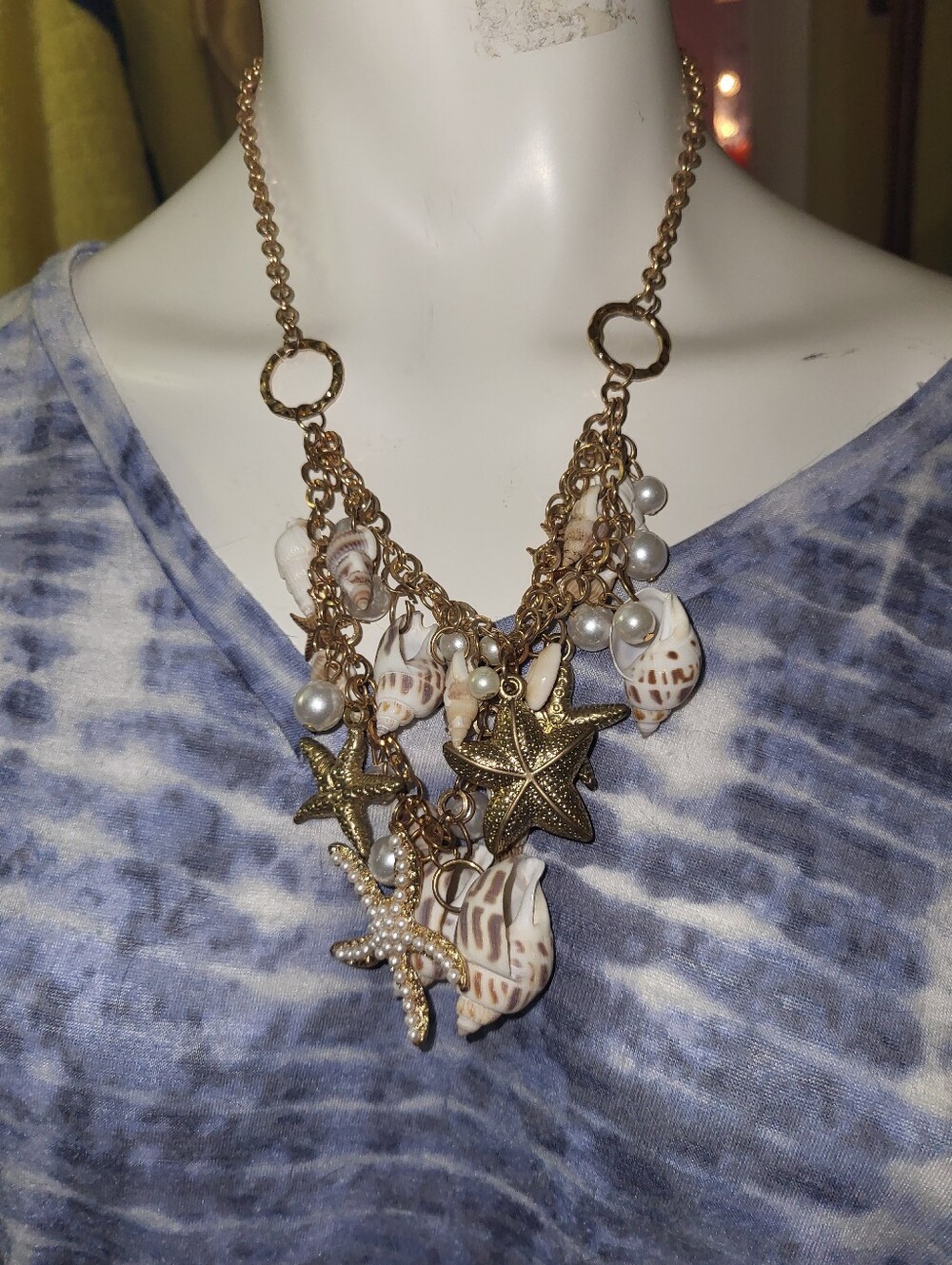 Gold Tone Conch Shell & Starfish Faux Pearl Cluster Bib Statement Necklace
